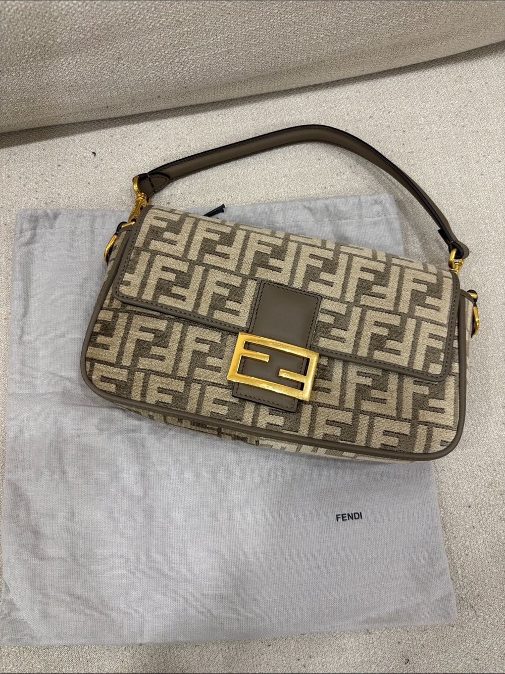 Fendi Beige and Brown FF Canvas Shoulder Bag with Gold-Tone Buckle